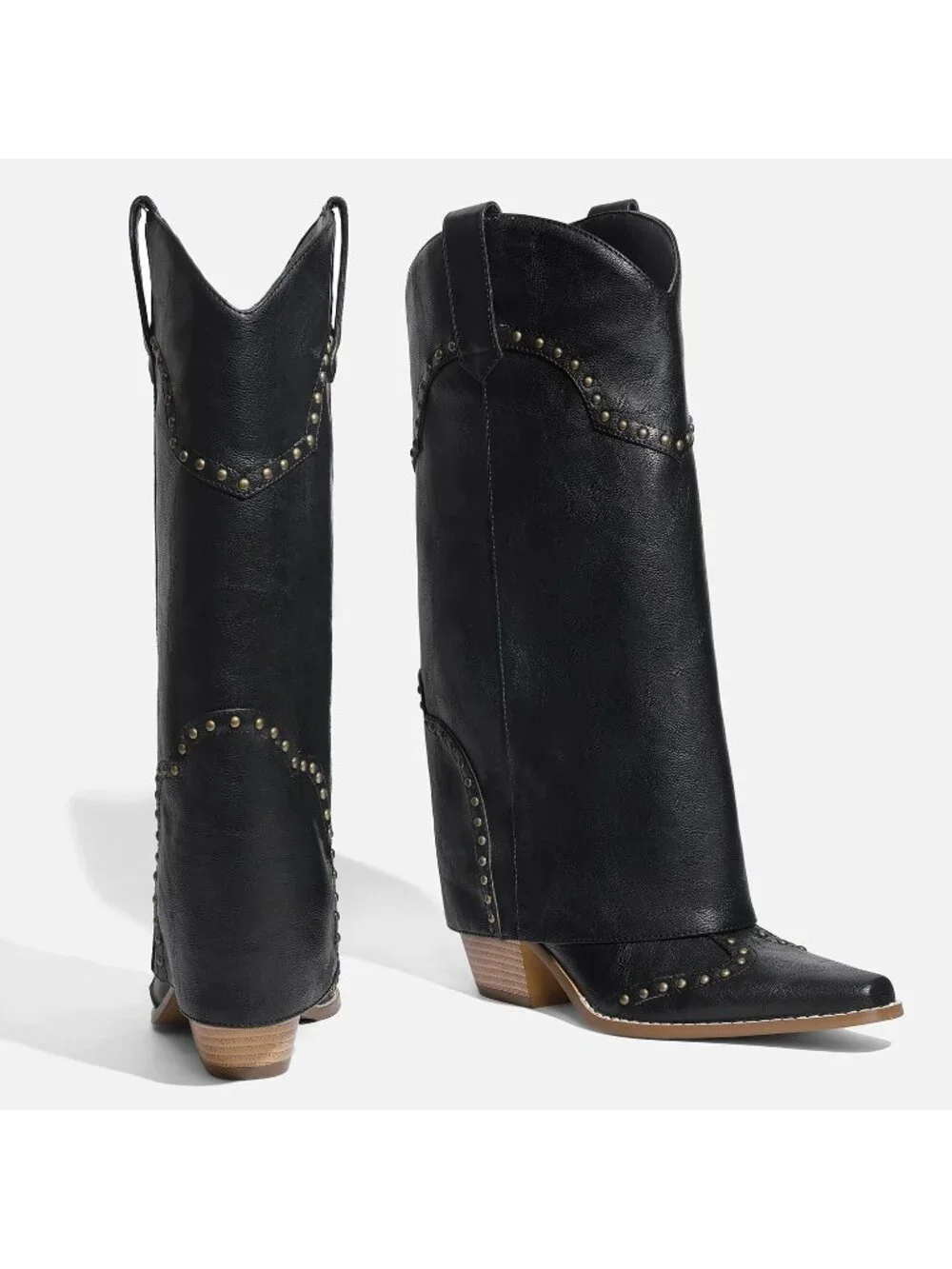 Women's Black Chunky Heel Snip Toe Fold Over Cowgirl Knee High Shark Boots